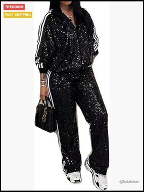 Sequins Zipper Jacket Bodycon Pants Tracksuit Set Polyester